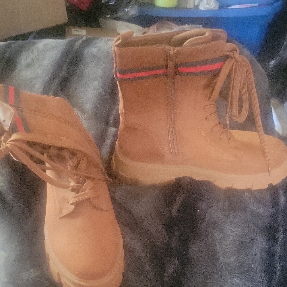 Tan Lace-Up Boots with Red and Black Stripes